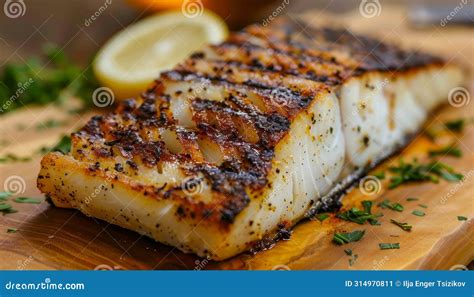 Chef Preparing Grilled Fish Filet With Butter Lemon Or Cajun Sauce