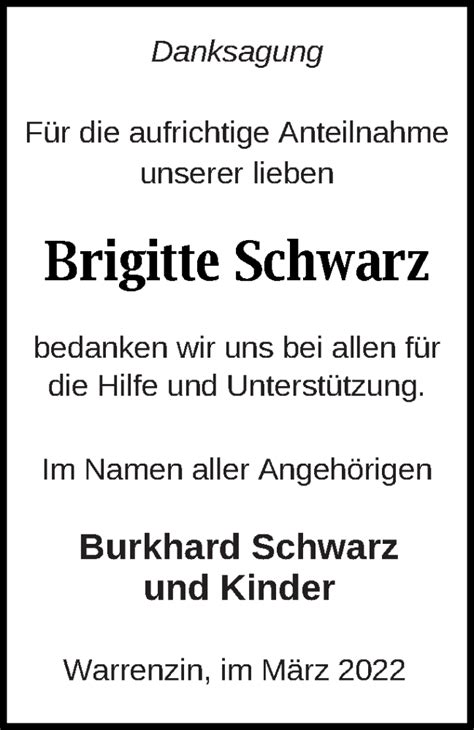 Traueranzeigen Von Brigitte Schwarz Trauer Nordkurier