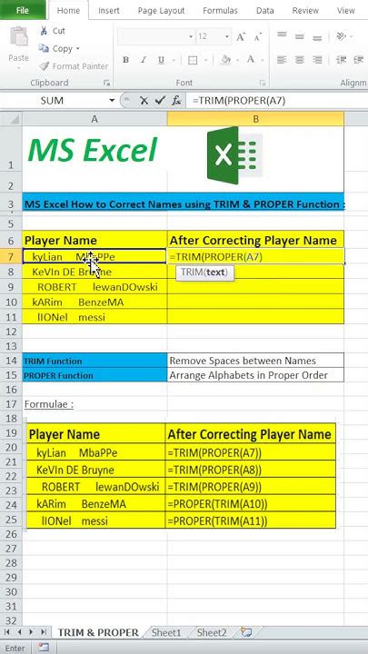 Arrange Names In Alphabetical Order And Remove Spaces Using Trim And Proper Function In Ms Excel