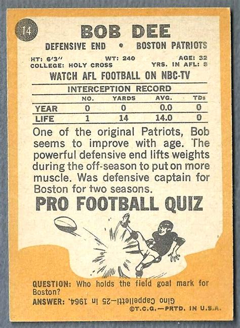 Bob Dee 1967 Topps Boston Patriots Card 14 EX EBay