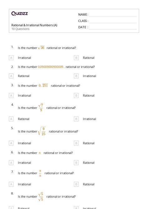 50 Irrational Numbers Worksheets For 5th Grade On Quizizz Free And Printable