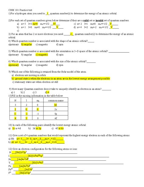 Ch Practice Test Key Chm Practice Test For A Hydrogen Atom