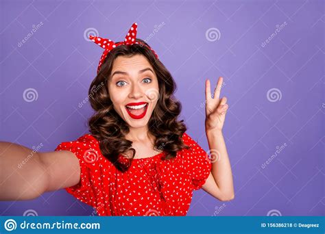 Closeup Photo Of Pretty Lady Making Selfies Showing V Sign Symbol Wear