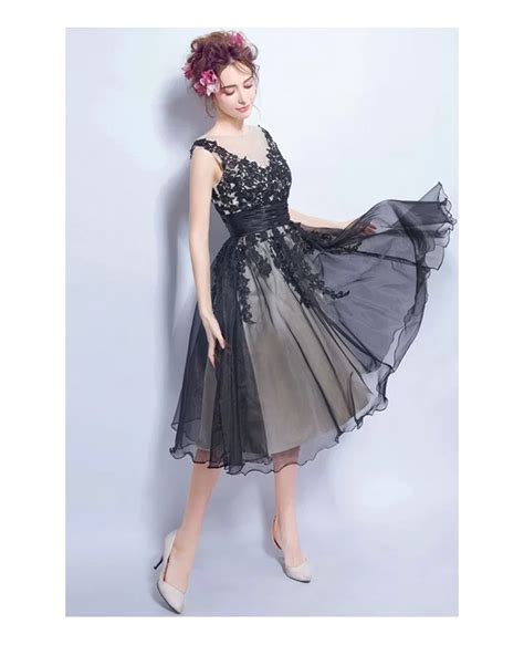 Vintage A Line V Neck Tea Length Tulle Prom Dress With Appliques Lace