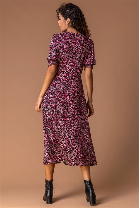 Floral Print Puff Sleeve Midi Dress In Rose Roman Originals UK