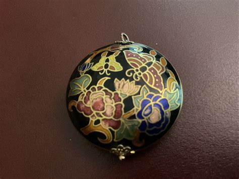 Vintage Cloisonn Enamel Pendant Two Sided Puffy Gol Gem