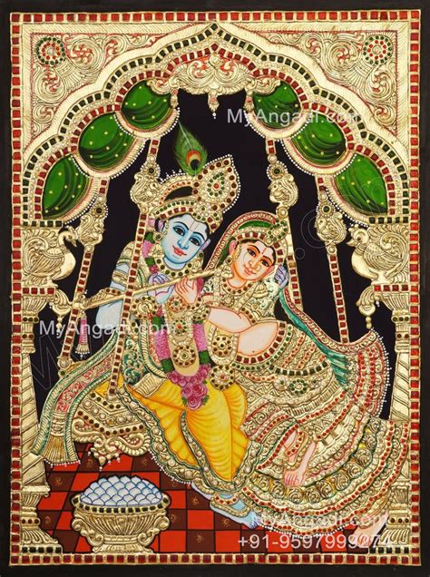 Teak Wood Frame Fine Finish Radha Krishna Tanjore Painting For Wall