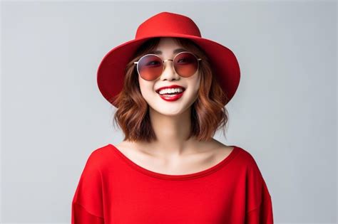 Premium Photo Asian Woman Wearing Red Tshirt And Glasses With Hat On