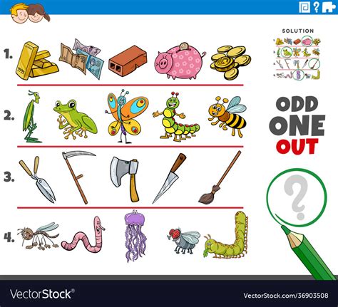 Odd one out picture game with cartoon objects Vector Image