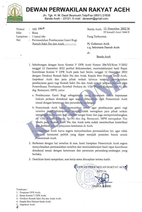 Ketua DPRA Surati Pj Gubernur Segera Bayar Gugatan Malapraktik Di RSIA