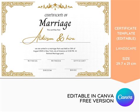 Editable Marriage Certificate Template for Newlyweds, White Gold ...