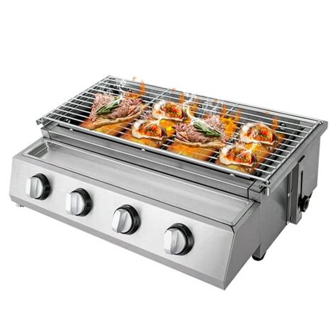 4 Burner Commercial Gas BBQ Grill, Stainless Table Top BBQ Propane Gas ...