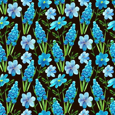 Premium Photo Seamless Pattern With Blue Flowers On A Black Background