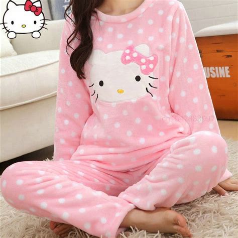 Kawaii Sanrio Plush Pajamas Women Hello Kittys Winter Thickened Suit