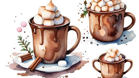 Watercolor Design Of Two Mugs Of Hot Cocoa Topped Marshmallows Stock