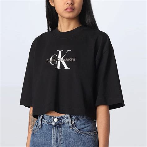 Calvin Klein Jeans Archival Monologo Cropped Kadın Siyah T Shirt Kadin