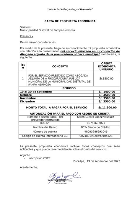 Modelo De Propuesta Economica A O De La Unidad La Paz Y El