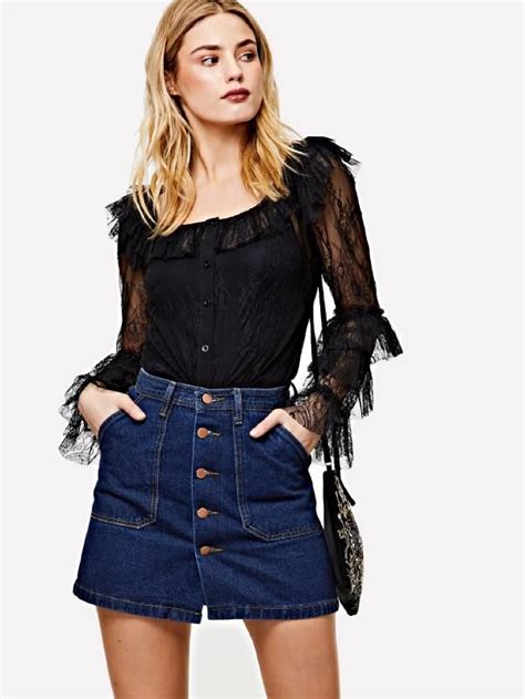 SHEIN Layered Flounce Sleeve Sheer Lace Shirt Without Cami Sheer Lace