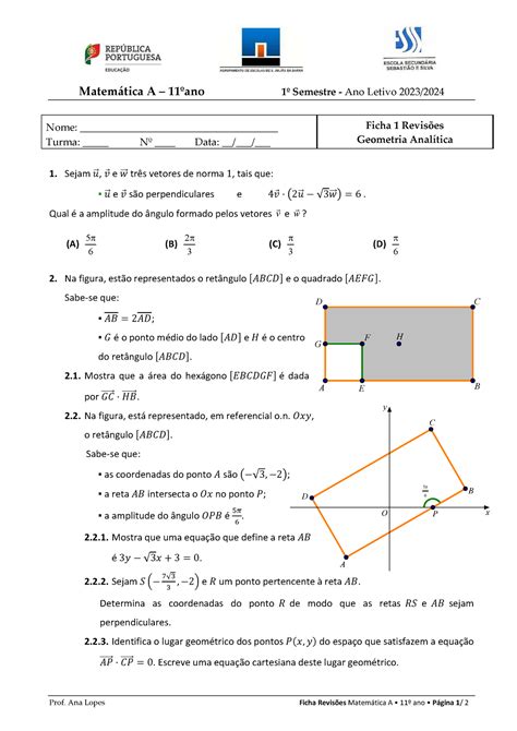 Ficha Revisões Geometria Prof Ana Lopes Ficha Revisões Matemática A