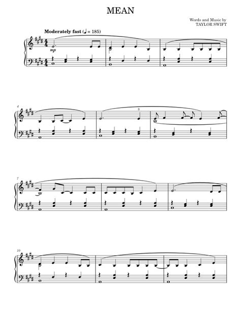 Mean Sheet Music For Piano By Taylor Swift Official