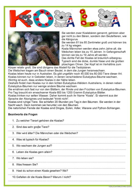 Einfache Texte Koala Allgemeine Deutsch Daf Arbeitsbl Tter Pdf Doc