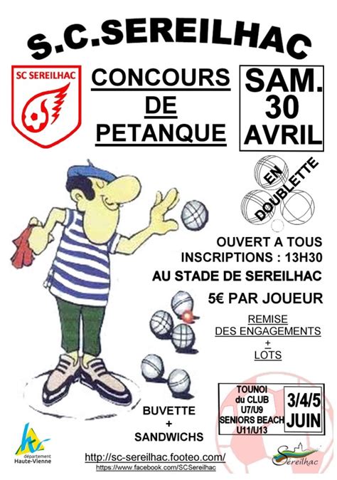 Concours de pétanque Ouvert à tous Séreilhac 30 avril 2022 Doublette