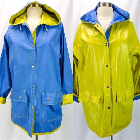 Vintage 80s REVERSIBLE Blue Yellow Vinyl PVC Rain Coat Slicker Jacket M