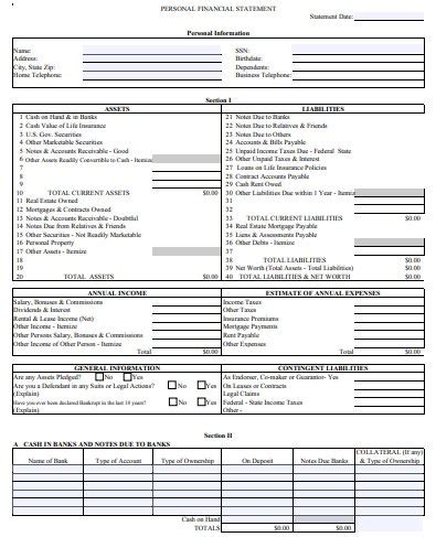 Personal Financial Statement Template Pdf