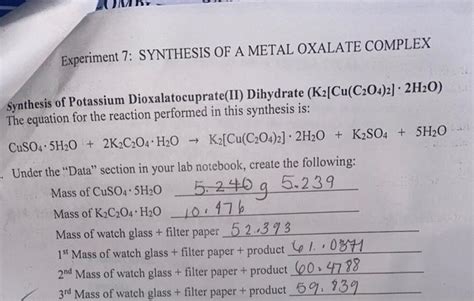 Solved Experiment 7 Synthesis Of A Metal Oxalate Complex