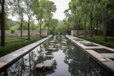 Reflection Pool With Stone Pathways And Stepping Stones Surrounded By