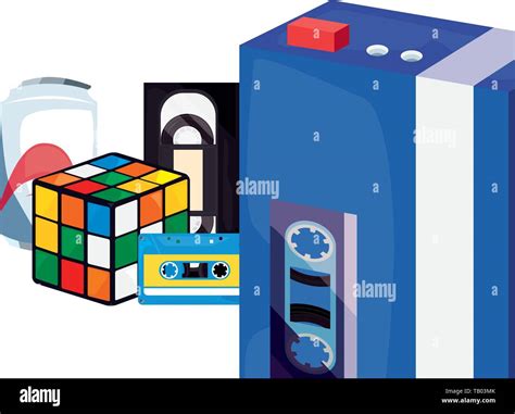 Videotape Beta Cassette Walkman Soda Cube Rubik Retro 80s Vector