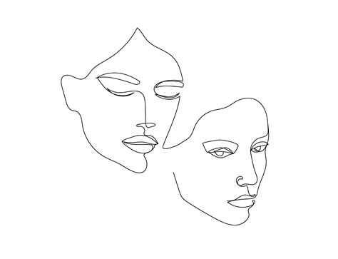 Vector Minimalist Style Portrait Line Continuous Linear Two Women