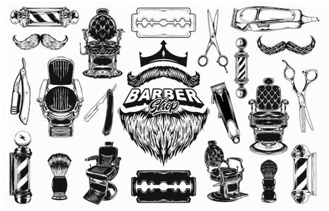 Set Von Vintage Monochrom Element Barbershop Vektor Logo Design Konzept