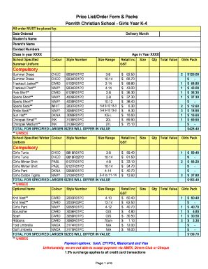 Fillable Online Pcs Nsw Edu Price ListOrder Form Packs Penrith