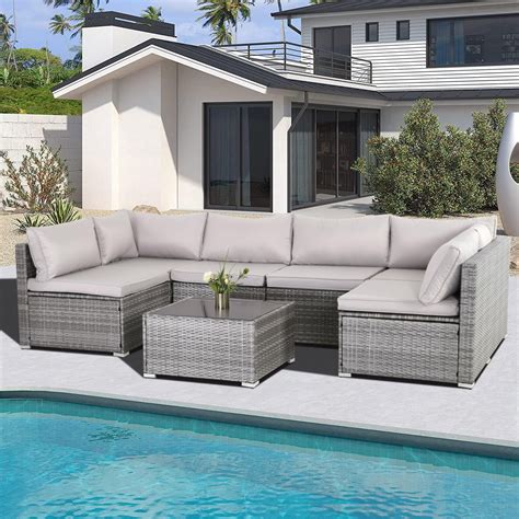 FHFO 7 Piece Patio Set Outdoor Gray Wicker Rattan Sofa With Washable