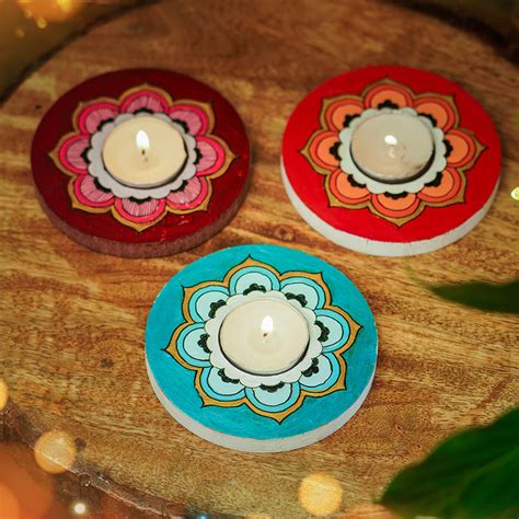 Buy Orange Blue And Maroon Mandala Tealight Holders Online On Zwende