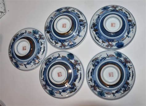 Five Vintage Chinese Porcelain Bowls Hand Painted Blue Gold 5 £1537