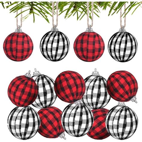 Liyucwill 24 Pieces Buffalo Plaid Fabric Ball Plaid Ball Ornaments