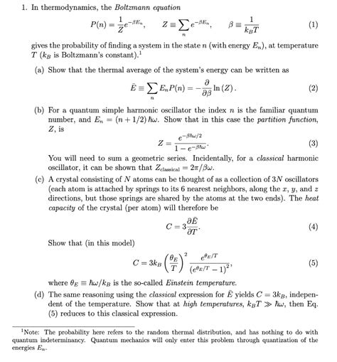 Solved In Thermodynamics The Boltzmann Equation P N E Be Kbt