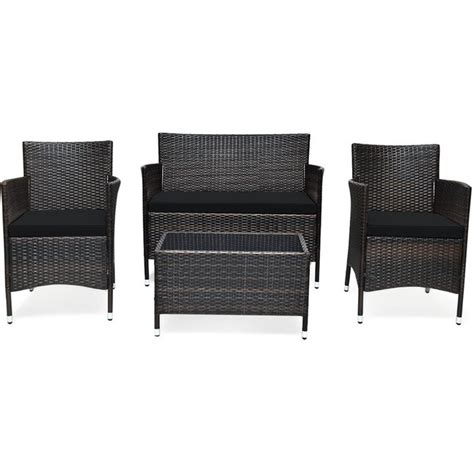 Wellfor Cw 4 Pcs Conversation Set 4 Piece Rattan Patio Conversation Set With Black Cushions