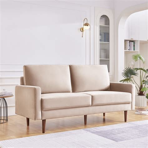 Inch Wide Upholstered Two Cushion Sofa With Square Arms In Beige