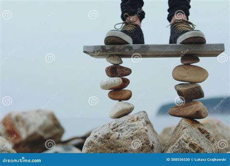 Work Life Balance Concept Person Balancing On Rock Balance Beam