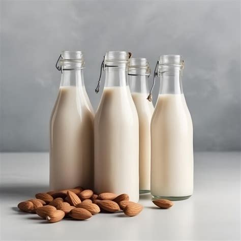Premium Ai Image Almond Milk Bottles With Almonds On A Table