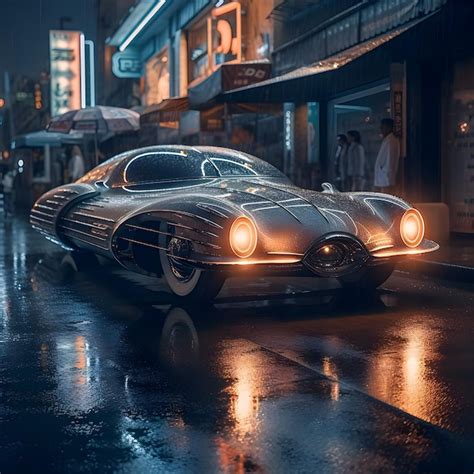 Carro Futurista Retr No Estilo Dos Anos Na Rua Na Chuva Foto Premium