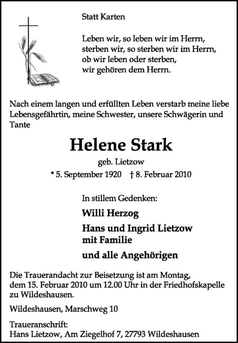 Traueranzeigen Von Helene Stark Trauer Kreiszeitung De