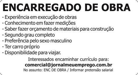 Jornal Meu Emprego MS Vaga ENCARREGADO DE OBRA