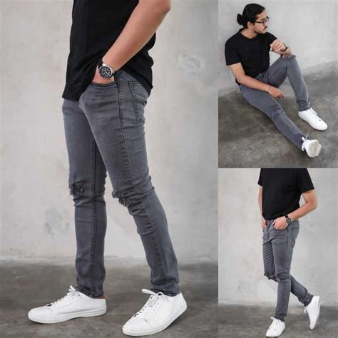 Jual Celana Jeans Pria Sobek Abu Grey Slimfit Stretch Panjang Cowok