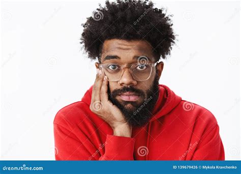 Close-up Shot of Lonely and Gloomy Upset African American Man with Beard and Afro Hairstyle in ...