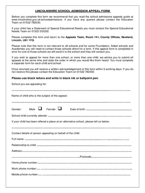 Fillable Online Lincolnshire School Admission Appeal Form Fax Email