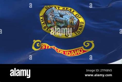 Close Up View Of The Idaho State Flag Waving In The Wind Idaho Is A